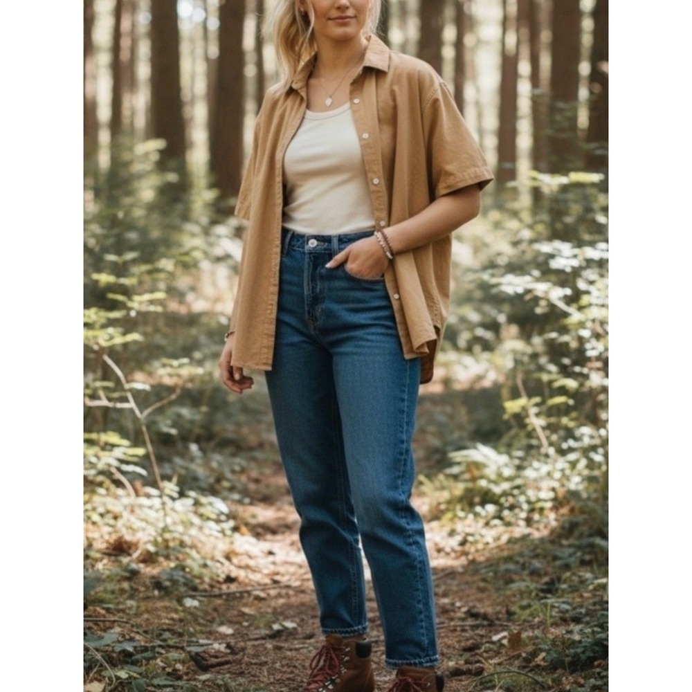 One Mile Oversized Button Down Blouse Women's 8 Tan